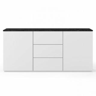Buffet WHITY 2 blanc mat 180cm 2 portes/3 tiroirs Plateau en Marbre noir